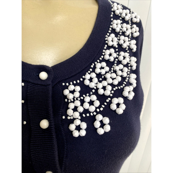 Kate Spade Cardigan Sweater Button 3/4 Sleeve Navy Cotton Embellished Be… - Picture 4 of 7
